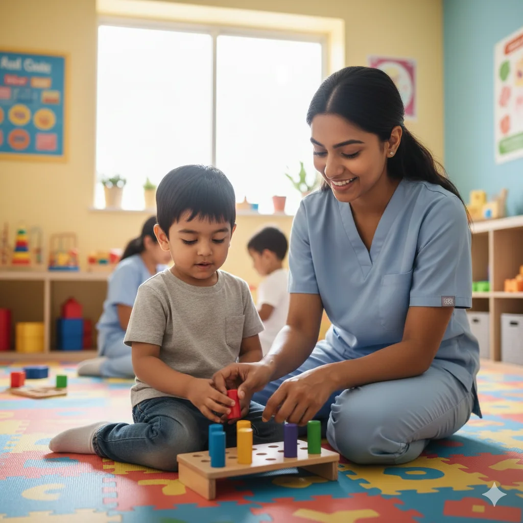 Pediatric therapist engaging a child in play-based learning activities