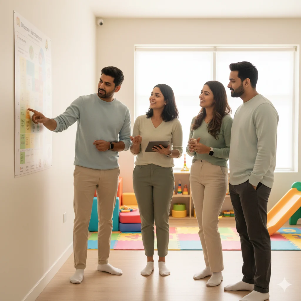 Parents consulting therapists during a child therapy center visit in PediGym