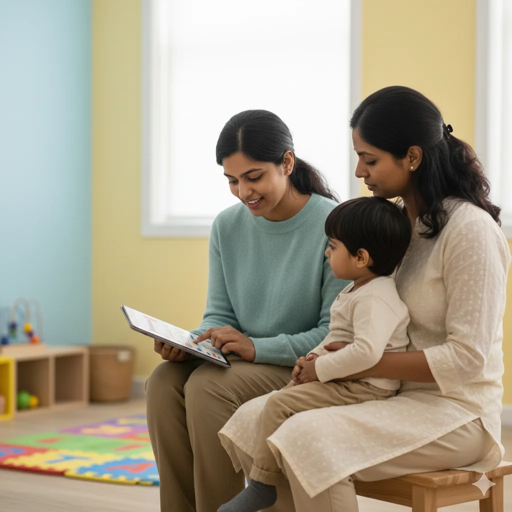 Therapist and parent reading with a child to support early development
