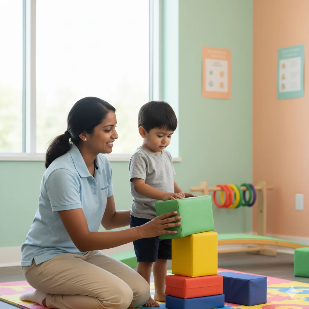 Pediatric therapist helping child improve motor skills through play therapy