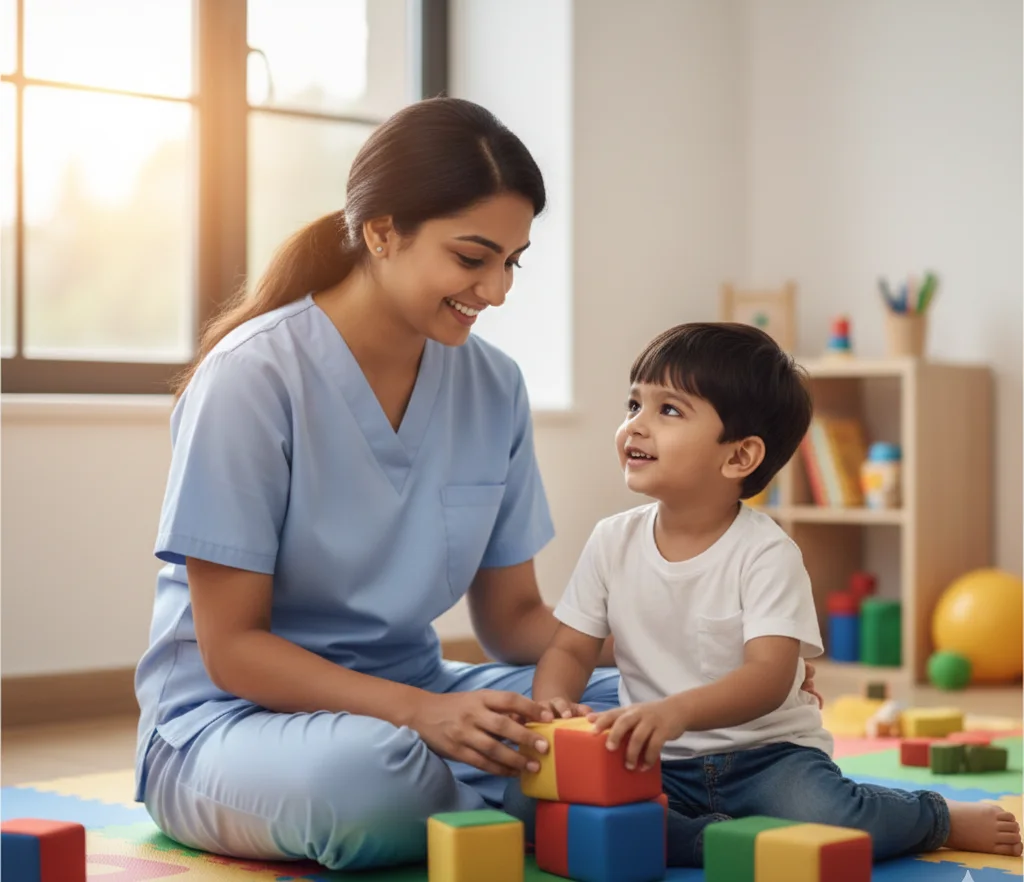 Pediatric therapist supporting child development through play-based therapy