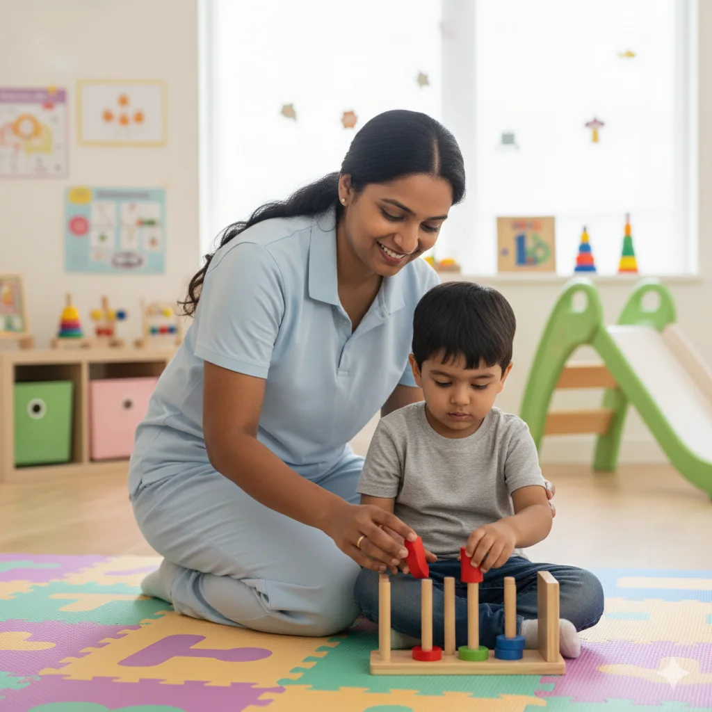 Pediatric therapist engaging a child in play-based learning activities