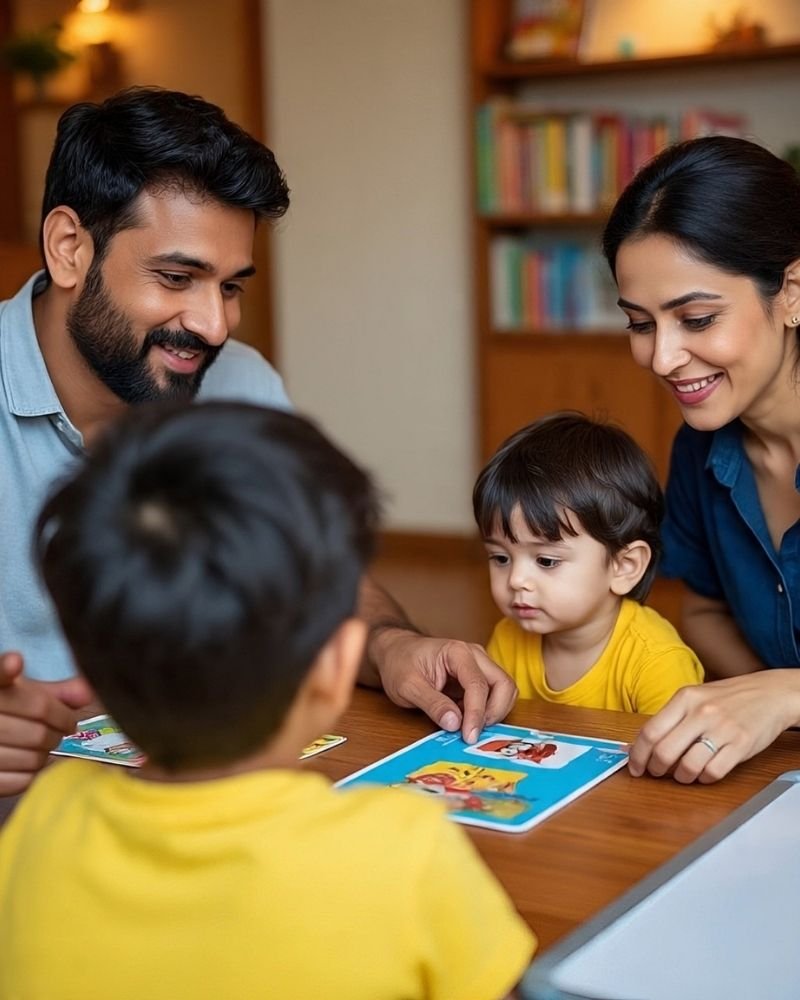 Parents and two children using picture cards at a table for speech practice.