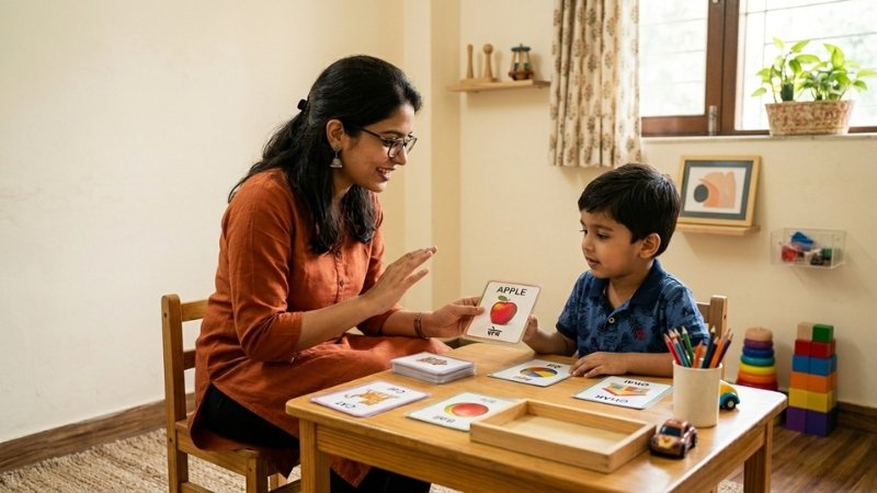 Young child with a thoughtful expression pointing to a toy while repeating a phrase, with a speech therapist kneeling beside them listening and smiling