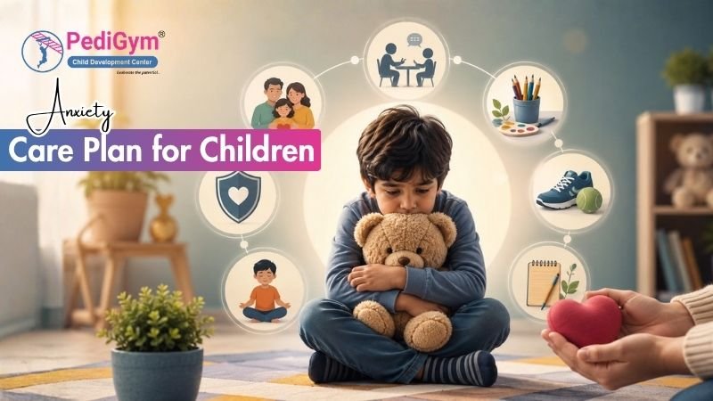 Child anxiety care plan with therapy, family support, gradual exposure, and activities to build confidence