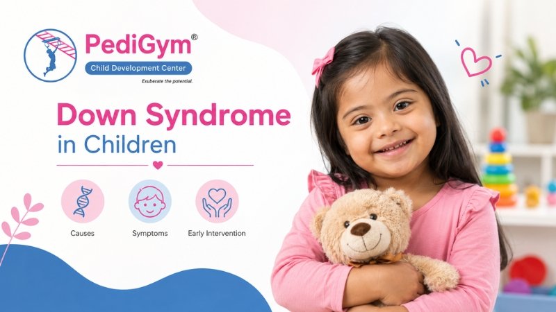 Smiling child with Down syndrome holding a teddy bear at PediGym Child Development Center