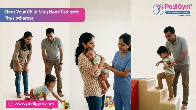 Pediatric physiotherapist assessing a child's movement and balance while guiding parents during a pediatric physiotherapy session.