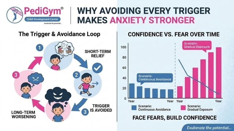 Infographic showing how avoiding anxiety triggers can strengthen fear while gradual exposure builds confidence