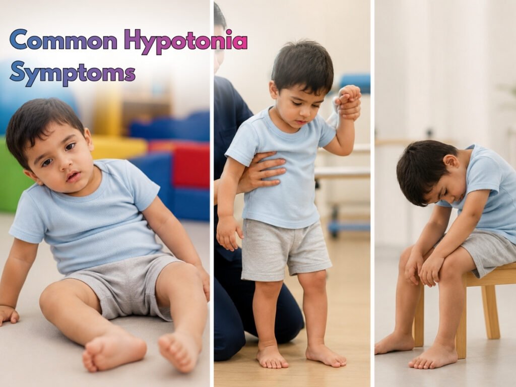 Child showing common hypotonia symptoms including poor posture, low muscle tone, and difficulty standing with support