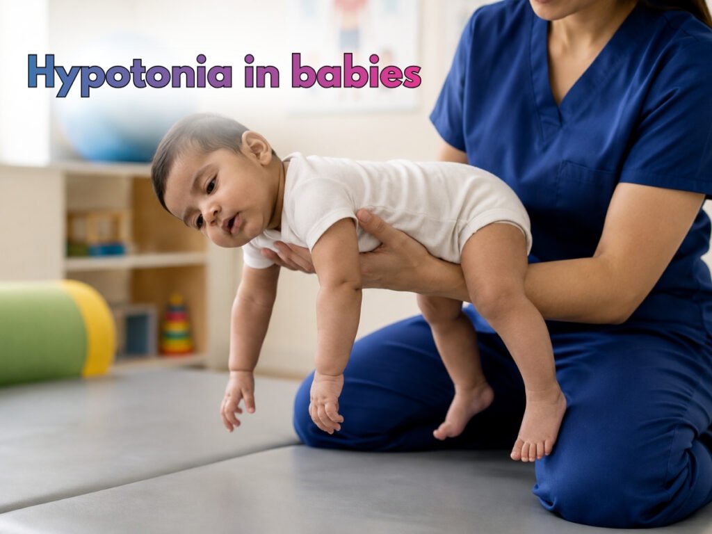 Healthcare professional supporting a baby with hypotonia to demonstrate low muscle tone during physical assessment.