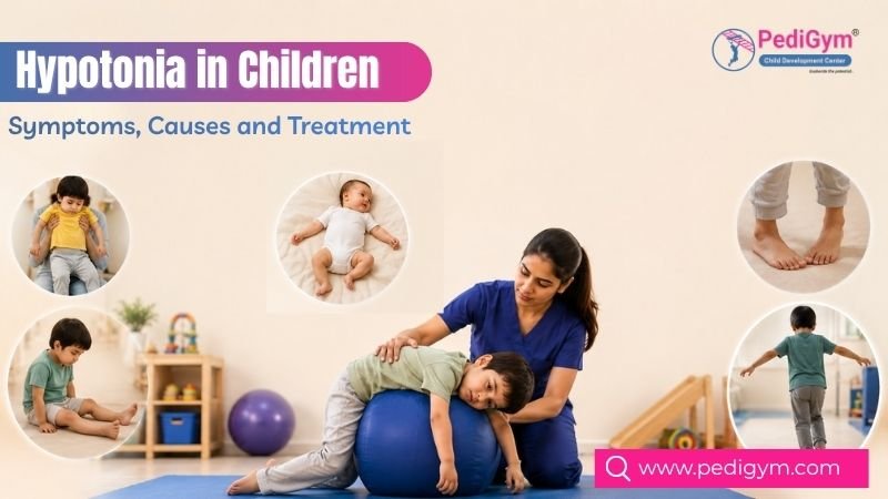 Pediatric therapist providing therapy to a child with hypotonia while highlighting symptoms, causes, and treatment options.