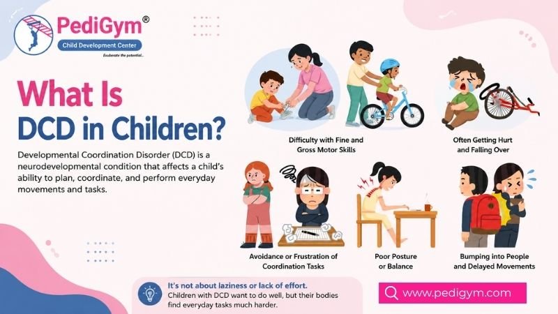 Developmental Coordination Disorder (DCD) in children affecting coordination, movement, balance, and everyday tasks.