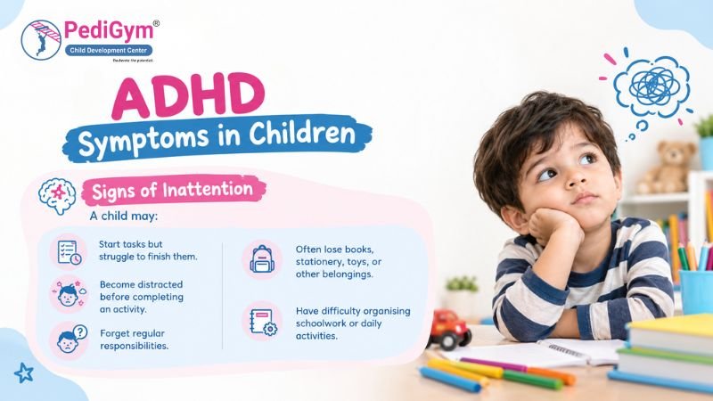 ADHD symptoms in children, including difficulty completing tasks, distraction, forgetfulness, and trouble organising schoolwork.