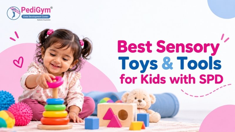 Toddler girl playing with rainbow stacking toy, surrounded by sensory toys for kids with SPD