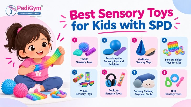 Infographic of 8 sensory toy types for kids with SPD: tactile, proprioceptive, vestibular, fidget, visual, auditory, calming, oral