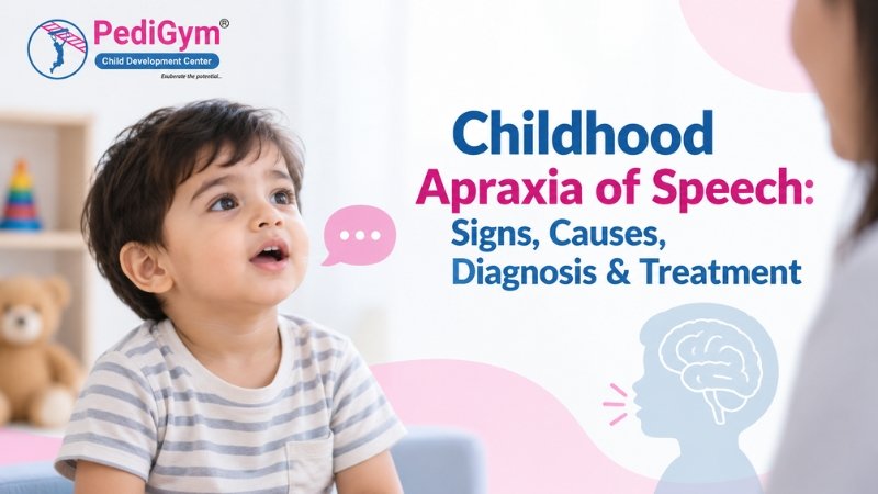 Toddler boy talking with speech bubble icon; banner on Childhood Apraxia of Speech signs and treatment