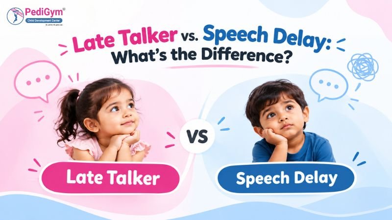 Two toddlers resting their chins on their hands, labelled "Late Talker" and "Speech Delay," under the title "Late Talker vs. Speech Delay: What's the Difference?