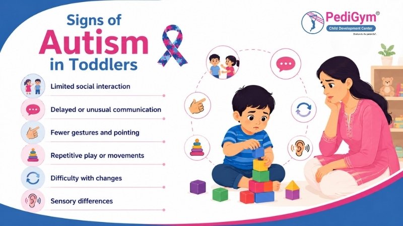 Signs of autism in toddlers including communication, social interaction, repetitive play, and sensory differences