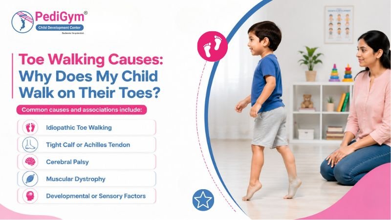 Toe walking causes in children, including idiopathic toe walking, tight calf muscles, cerebral palsy, muscular dystrophy, and developmental factors
