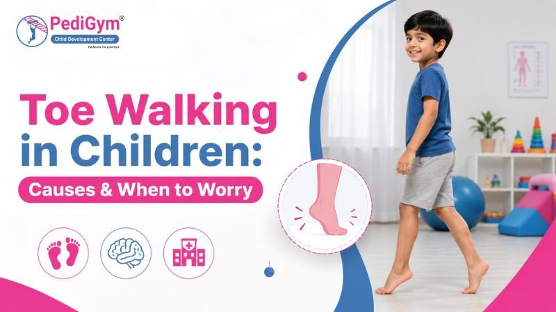 Toe walking in children with a young boy walking on his toes and an illustration highlighting foot and ankle movement