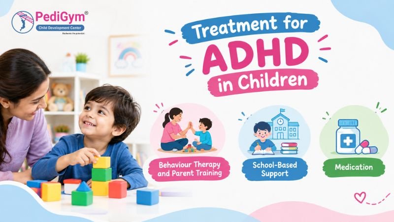 Treatment for ADHD in children showing behavioural therapy, parent training, school-based support, and medication