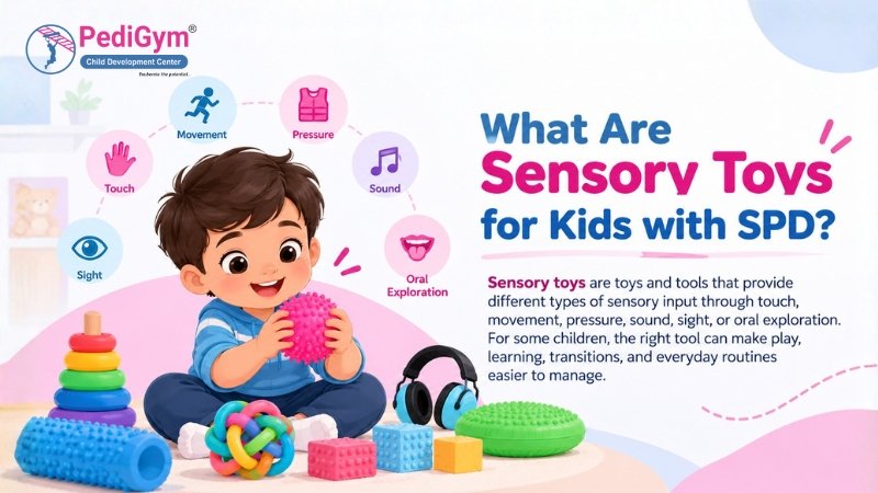 Boy holding textured sensory ball, surrounded by icons for touch, sound, movement, pressure and sight