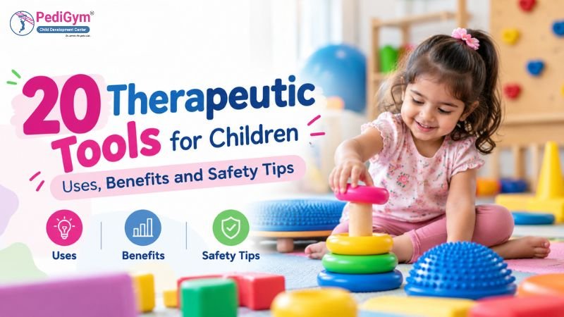 Smiling young girl with a pink hair clip sitting on a play mat and stacking colorful rings on a wooden peg, with a blue textured balance disc, a spiky dome, and foam blocks around her in a bright therapy room.