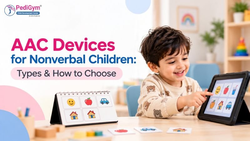 Smiling toddler pointing at a picture-symbol tablet beside a flip-book communication board, with the title “AAC Devices for Nonverbal Children: Types & How to Choose”