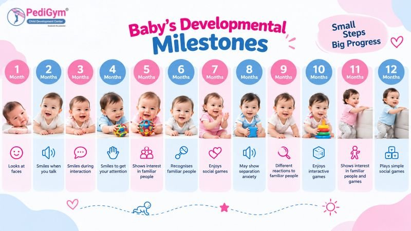 PedigGym infographic of baby social milestones from 1 to 12 months, from looking at faces to playing simple social games.