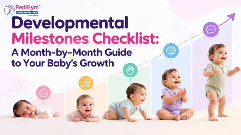 Month-by-month baby milestones checklist: five babies shown from tummy time to crawling, sitting, clapping, and standing.