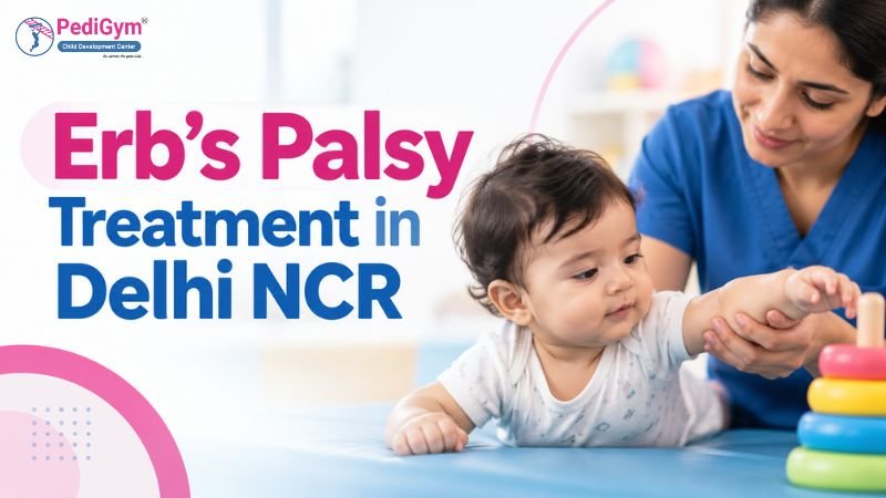 Smiling pediatric therapist in blue scrubs gently supporting a baby's arm during Erb's palsy therapy at PediGym Child Development Center, with the title "Erb's Palsy Treatment in Delhi NCR