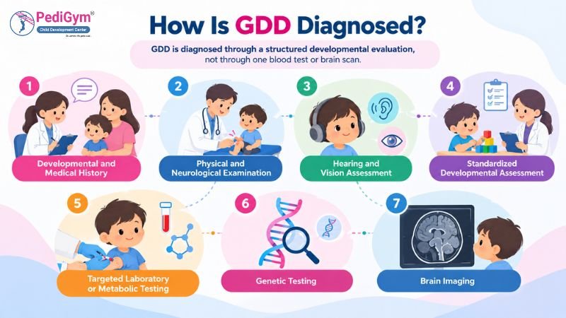 Infographic titled “How Is GDD Diagnosed?” showing seven steps: developmental and medical history, physical and neurological examination, hearing and vision assessment, standardized developmental assessment, targeted laboratory or metabolic testing, genetic testing, and brain imaging.