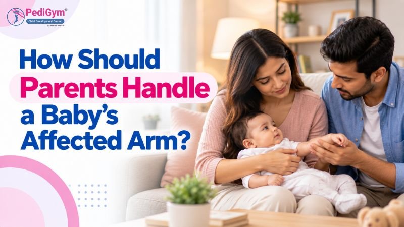 Mother and father sitting on a sofa at home, gently holding their baby's arm, with the title "How Should Parents Handle a Baby's Affected Arm?" and the PediGym logo