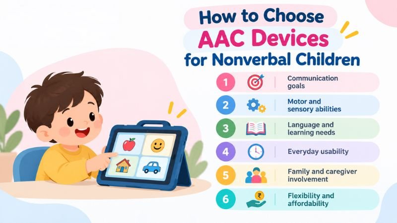 Illustration of a child using a tablet with picture symbols next to a six-point checklist on how to choose AAC devices for nonverbal children