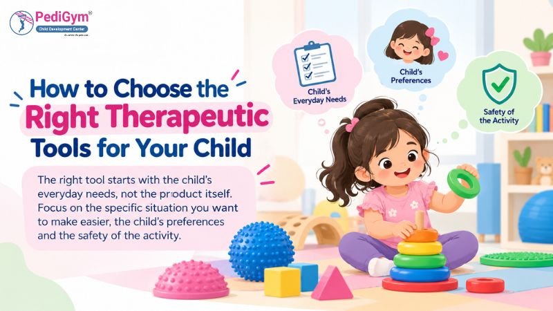 Cartoon girl with pigtails sitting on a play mat holding a green ring over a rainbow ring stacker, with thought bubbles showing a checklist, a smiling face, and a safety shield, surrounded by sensory domes, blocks, and a therapy ball.