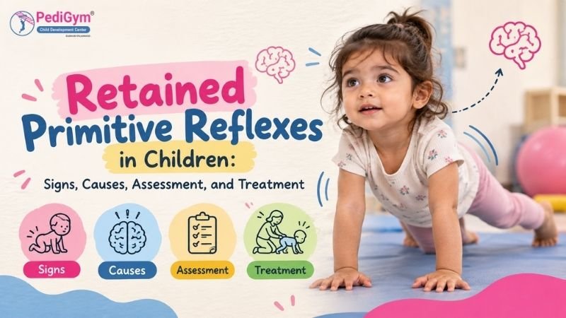 Smiling toddler girl in a floral top and pink leggings pushing up on her hands on a blue gym mat, with the title “Retained Primitive Reflexes in Children: Signs, Causes, Assessment, and Treatment” and icons for each topic.