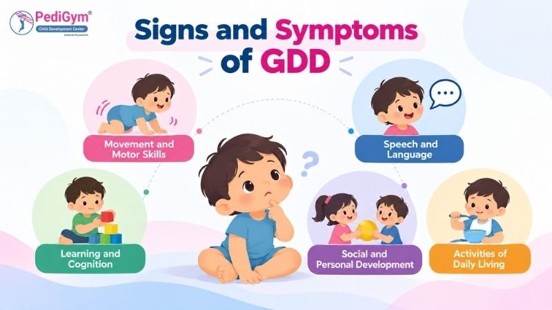 Infographic titled “Signs and Symptoms of GDD” with a thoughtful toddler at the center, surrounded by five areas: movement and motor skills, speech and language, learning and cognition, social and personal development, and activities of daily living.