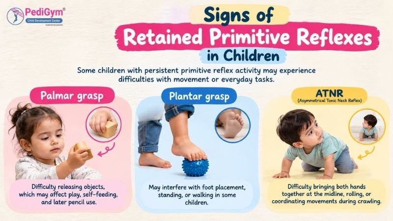 Infographic with three panels showing signs of retained primitive reflexes: a toddler holding a wooden block (palmar grasp), a child’s foot pressing on a spiky blue ball (plantar grasp), and a crawling toddler turning his head (ATNR).