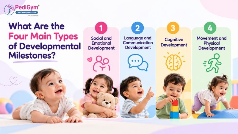 Four types of baby milestones: social-emotional, language, cognitive, and physical development.