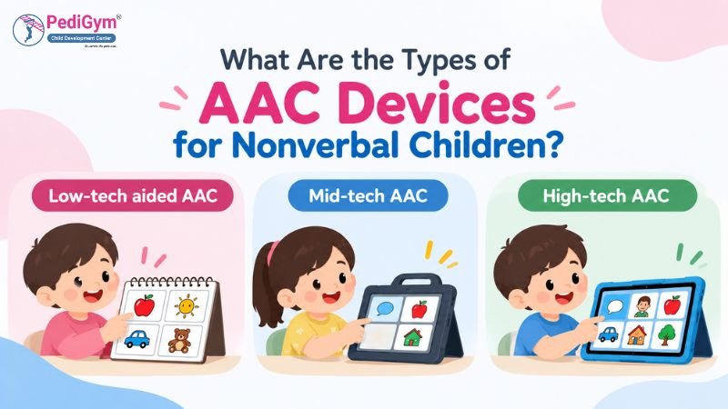 Three illustrated children using low-tech, mid-tech, and high-tech AAC devices, from a flip-book board to a tablet, under the title “What Are the Types of AAC Devices for Nonverbal Children?