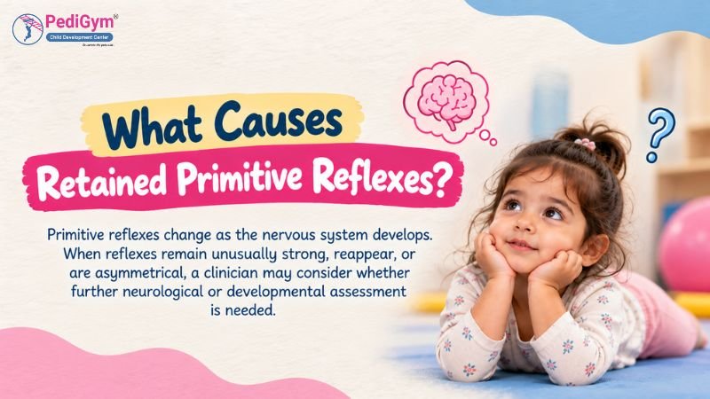 Young girl with her chin resting on her hands, looking up thoughtfully while lying on a play mat, with a thought bubble containing a brain and a question mark, beneath the heading “What Causes Retained Primitive Reflexes?