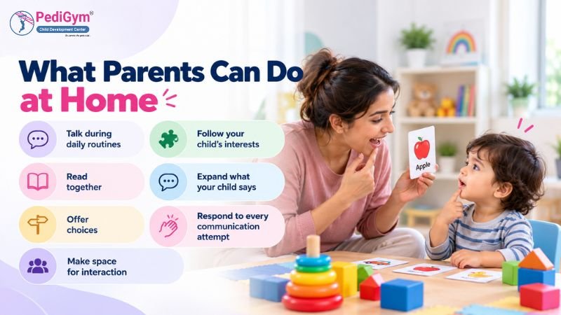 Mother holding an “Apple” flashcard while a toddler watches, with a list of seven home speech-support tips titled “What Parents Can Do at Home”