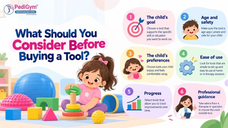 Illustrated girl with a ponytail sitting among therapy tools, including a pink sensory dome, a balance ball, blocks, and a ring stacker, next to a six-point checklist of what to consider before buying a therapeutic tool.