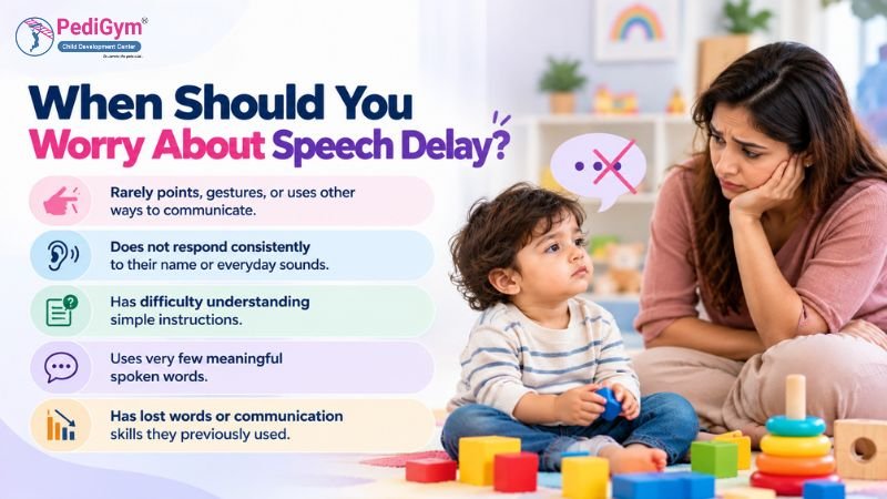 Worried mother resting her chin on her hand beside a quiet toddler, with a list of five speech delay warning signs titled “When Should You Worry About Speech Delay?”